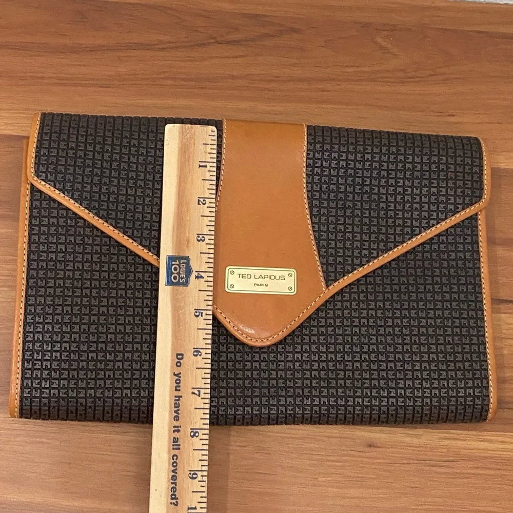 Vintage TED LAPIDUS Paris Embossed Leather Monogram Envelope Clutch Bag 8”X12” Black - Image 6