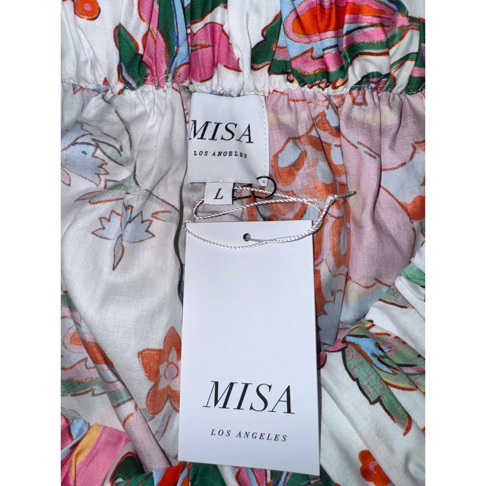 MISA Los Angeles Off The Shoulder Floral Smocked Waist Puff Sleeve Mini Dress L - Image 8