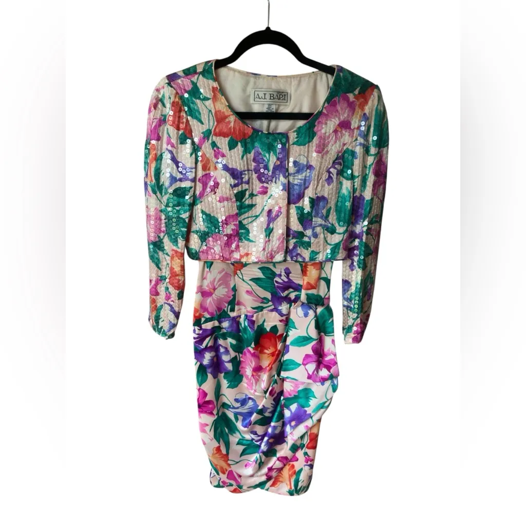 Vintage 80s A.J. Bari Silk Sequin Floral Dress Set‎ Bold Cocktail Party Glam 2 Purple - Image 3