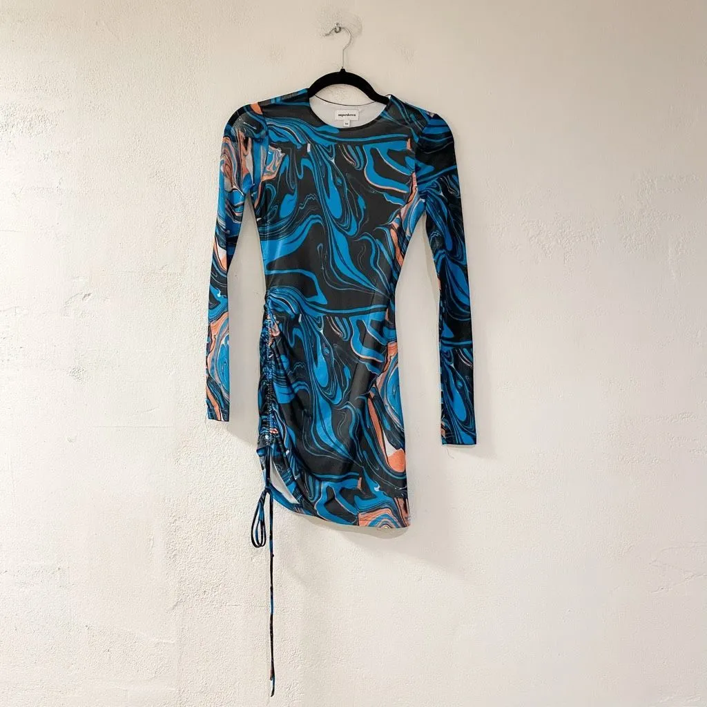 Superdown Katya Ruched Mini Dress in Blue Marble XS - Image 2