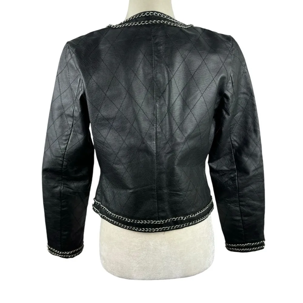 Boston Proper Genuine Leather Cropped Biker Jacket Metallic Chain Trim Size 4 - Image 7