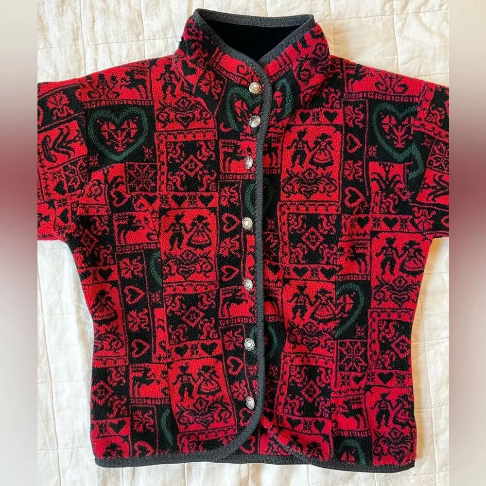 Vintage Obermeyer Red Black Scandinavian Nordic Graphic Fleece Button Jacket - Image 2