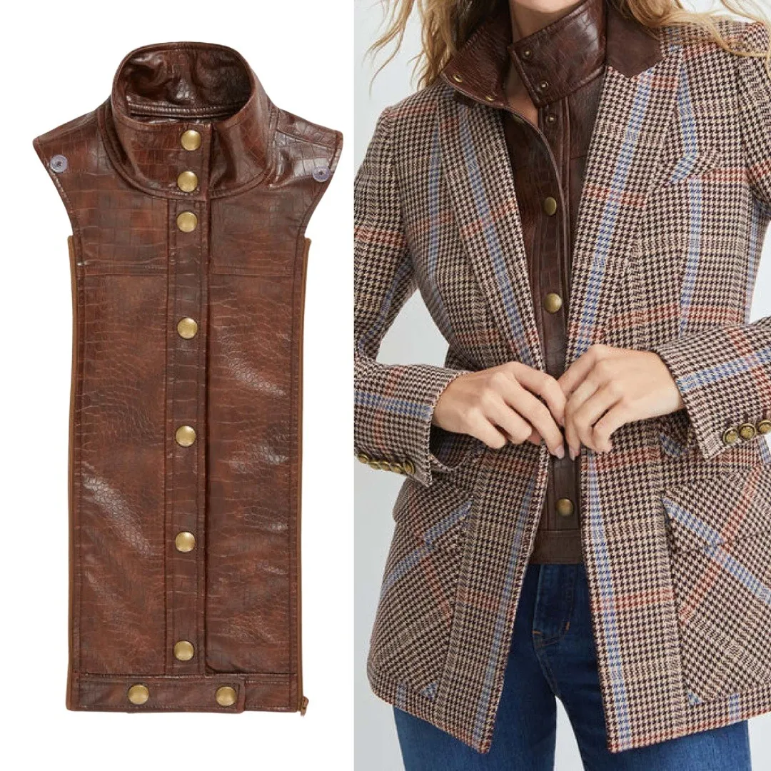 Veronica Beard Croc Faux Leather Rocco Dickey Insert Collar Snaps Brown - Image 2