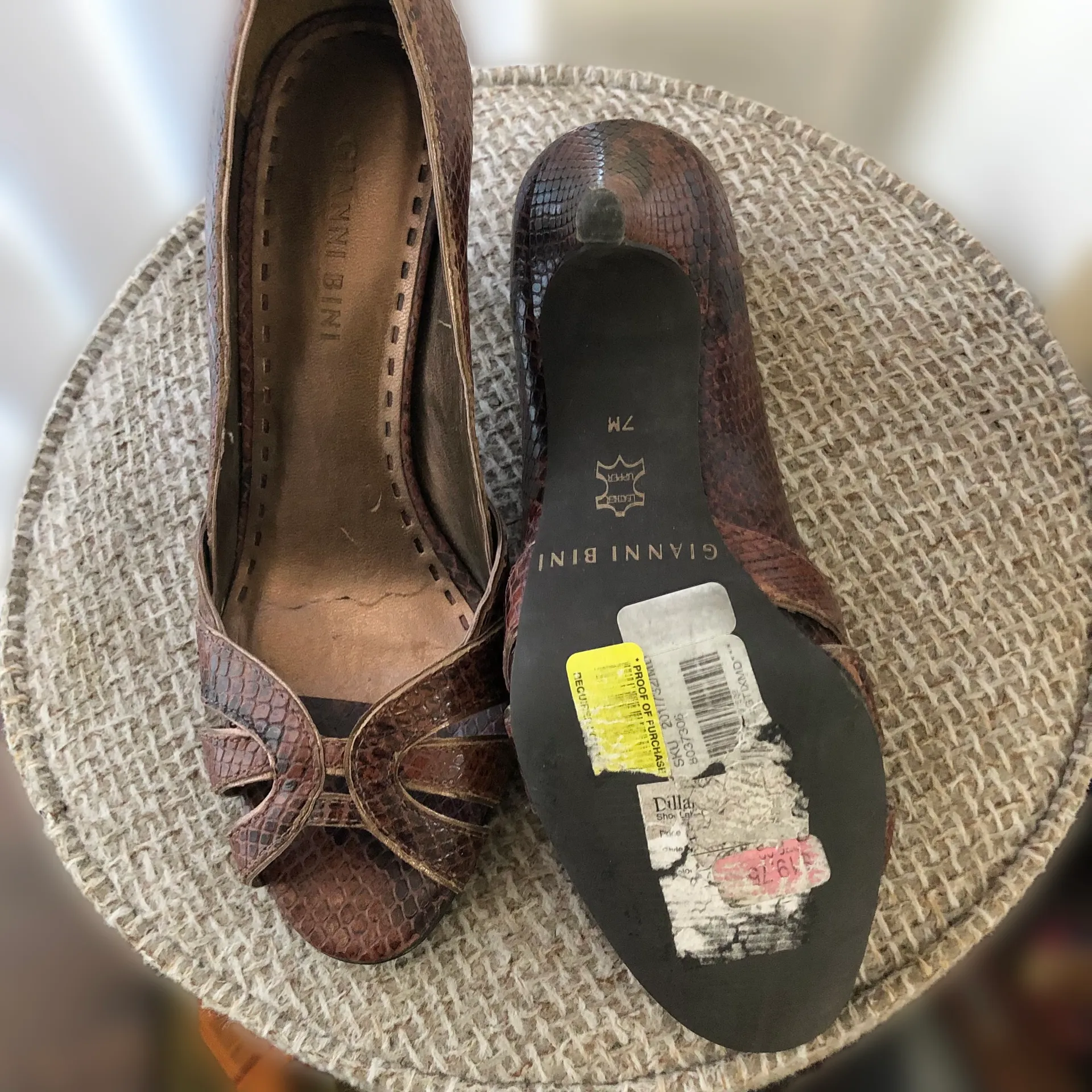 90s brown snakeskin open peep toe stiletto pumps with a 3.2” heel - Image 3