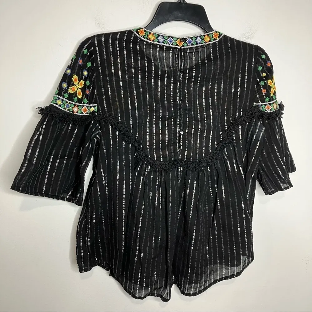 Zara boho metallic striped fringe embroidered blouse‎ size small - Image 6