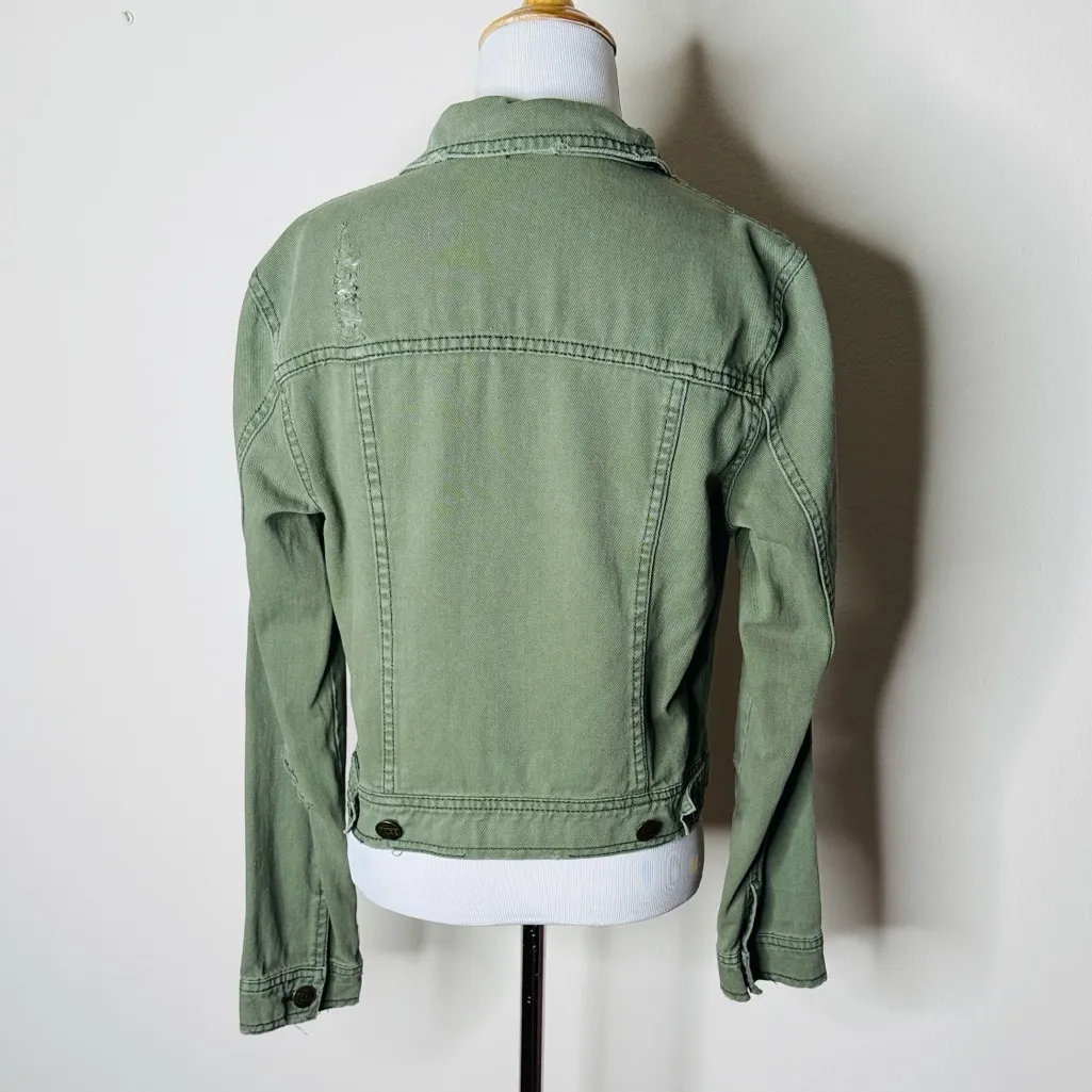 Free People Army Green Cropped Denim Jacket - Image 7