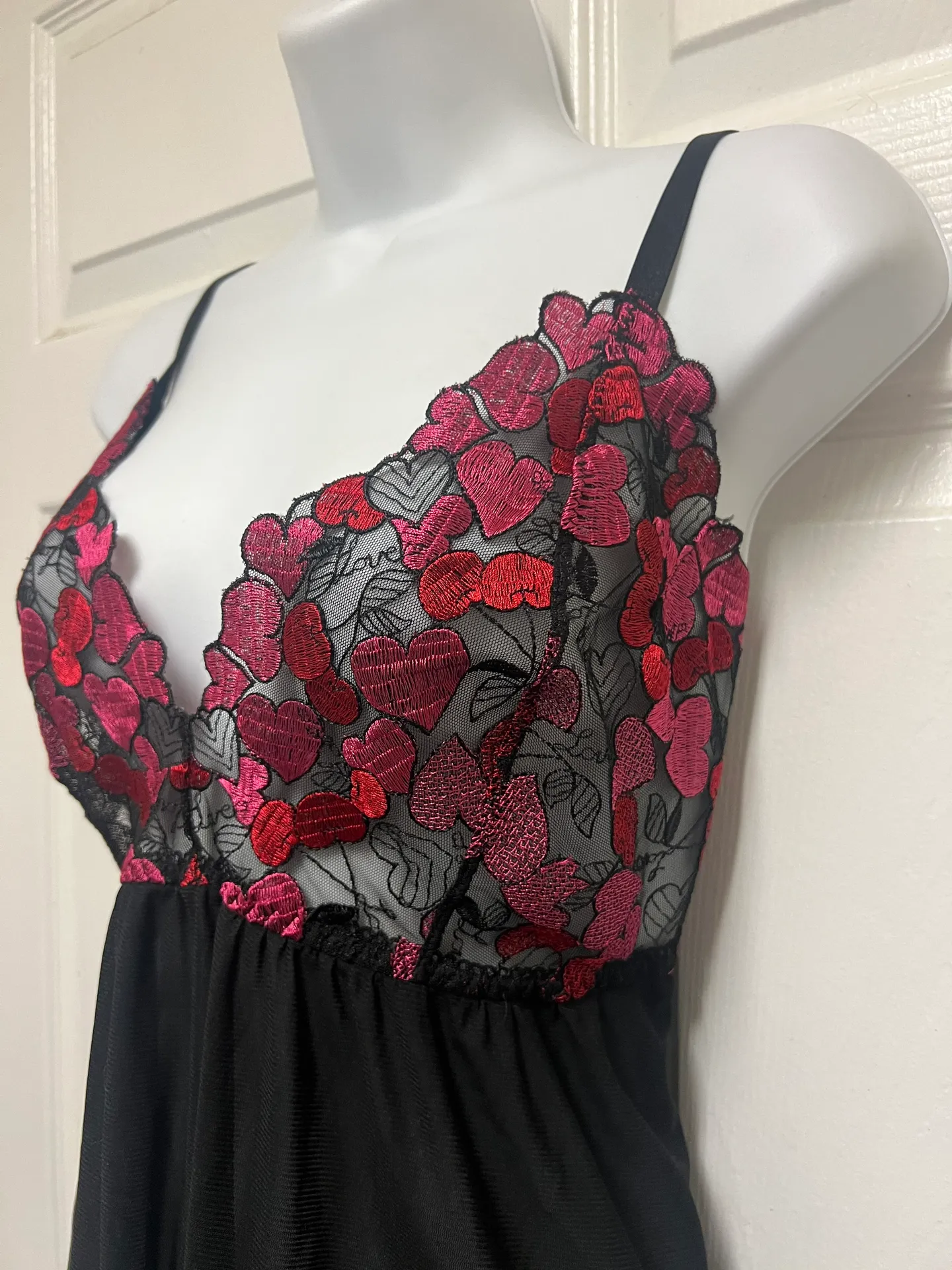 Black & Pink Heart Embroidered Mesh Babydoll - Image 7