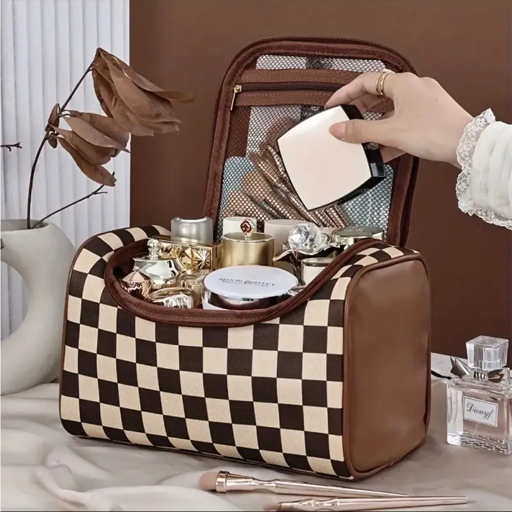 Brown Checker Faux Leather Cosmetic Makeup Bag Boxy Travel NWT - Image 4
