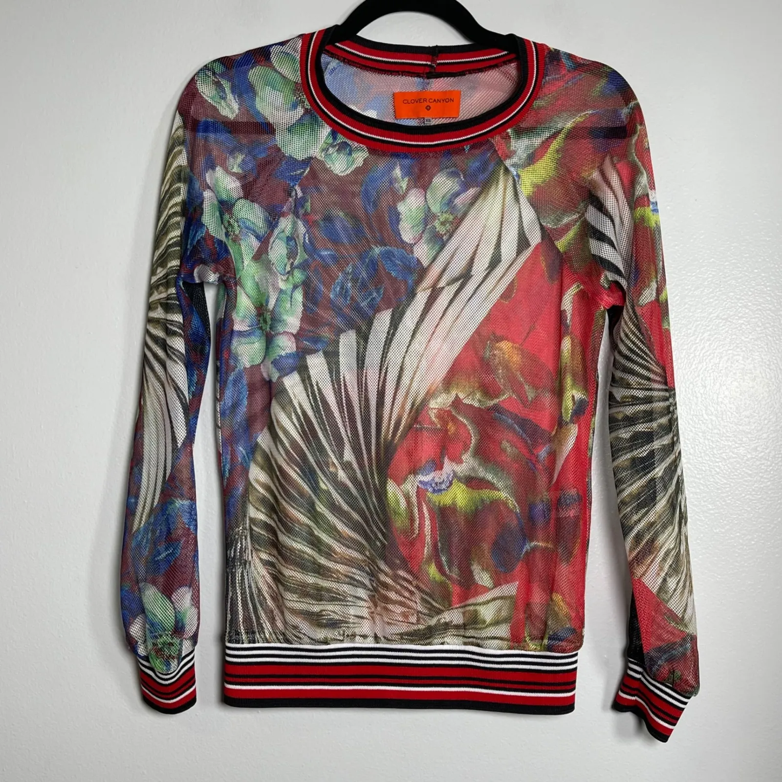 CLOVER CANYON Mesh Long Sleeve Blouse XS Multicolor Tropical Floral Streetwear - Image 2