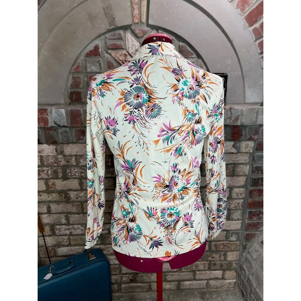 Blouse floral 1970s button up orange green pink bright Size M - Image 3