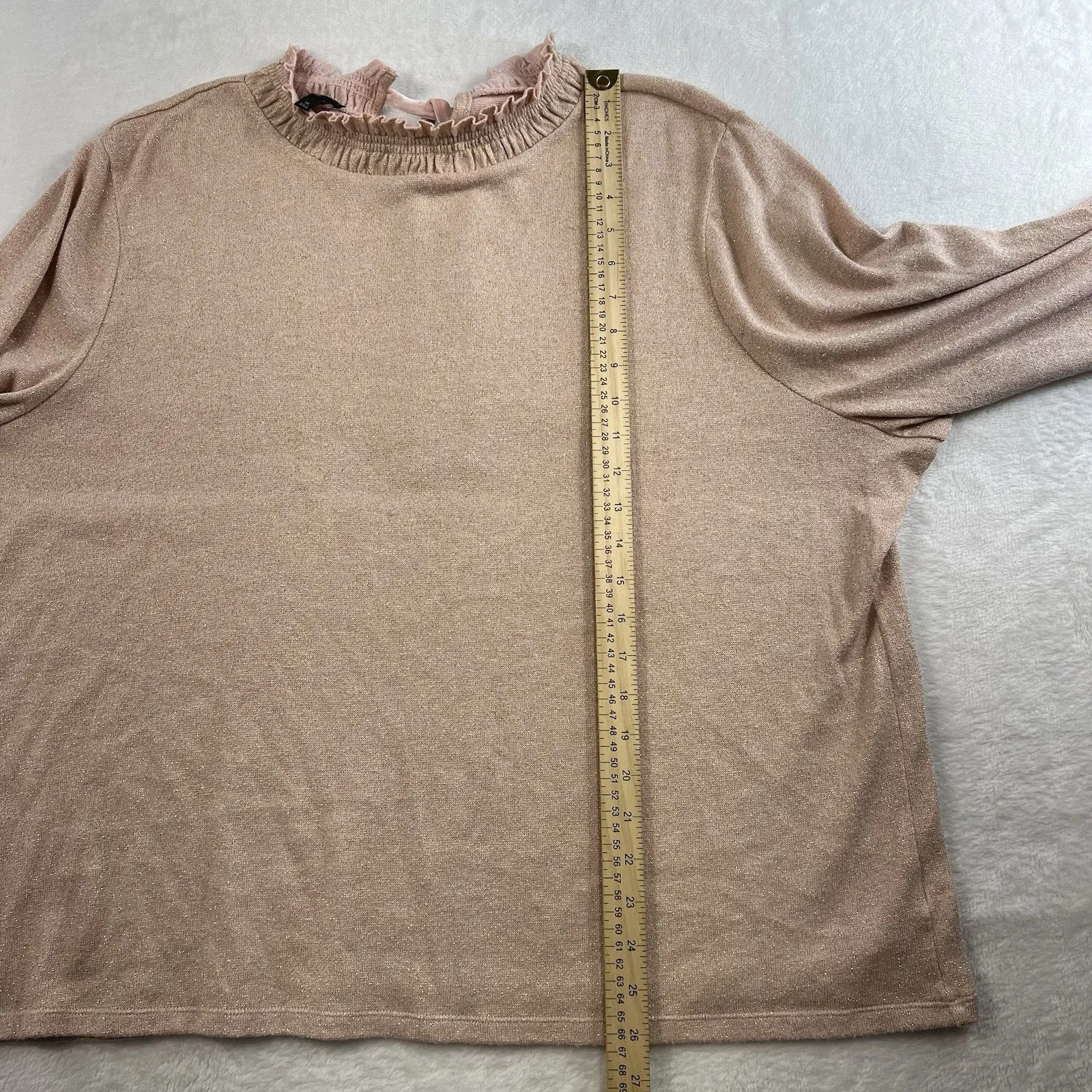 TALBOTS Plus 3X Sparkle Knit Ruffle Mock Neck Sweater Balloon Sleeve Blush Pink - Image 11