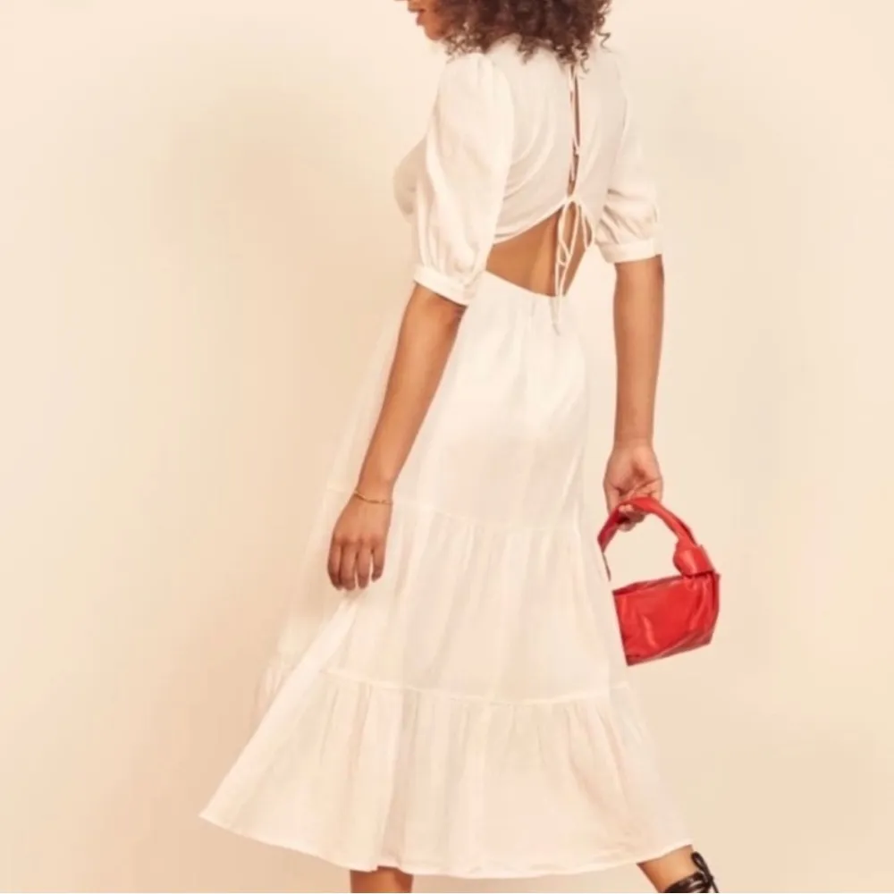 Reformation Chicago Dress White Tiered Maxi Midi Open Back Tie 1/2 Sleeve 0/XS - Image 2