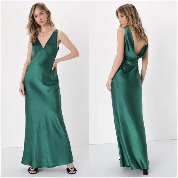 LULU’S Endearing Essence Emerald Green Satin Cowl Back Maxi Slip Dress - Image 2