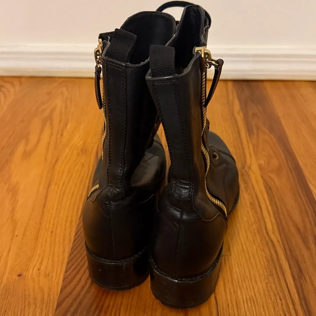 VALENTINO GARAVANI Women’s Black Leather Ruffle Laced Gold Zipper Combat Boots - Image 5