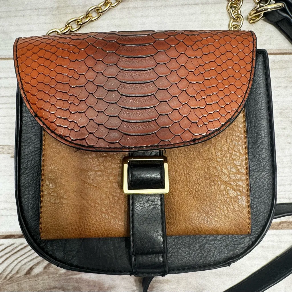 Tri Color Shoulder Crossover Bag Purse Black Brown Tan Croco Faux Leather Chains - Image 2