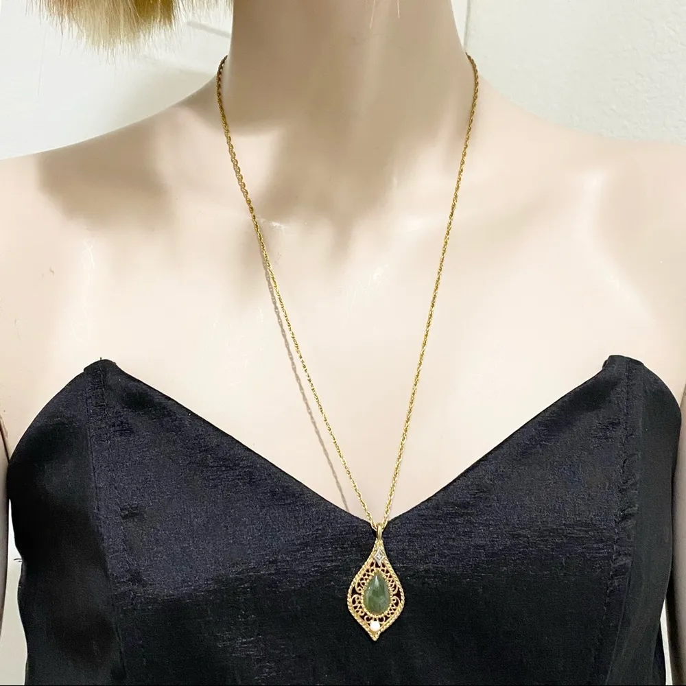 Vintage GF Filigree Jade Teardrop Diamond Necklace - Image 13