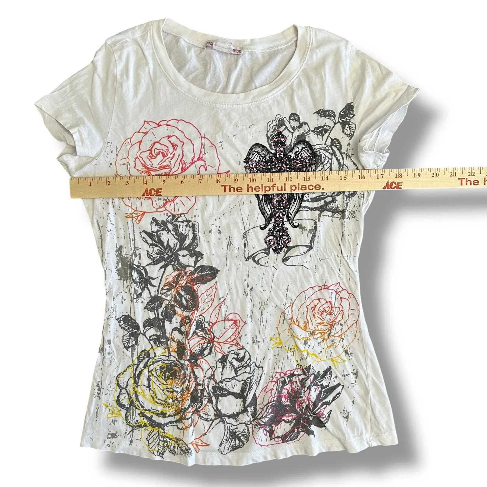 Y2K Graphic Rose Cross Tee Appropriate Behavior White Distressed‎ Glitter S/M - Image 3