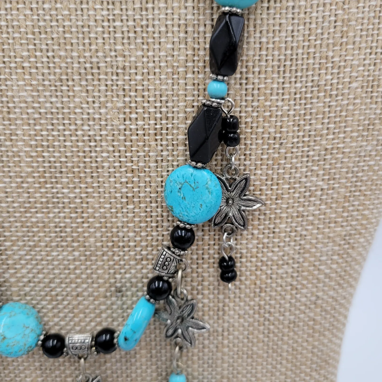 Womens Turquoise Necklace 18" Black Silver Beaded Collar Statement Jewlery Blue - Image 5