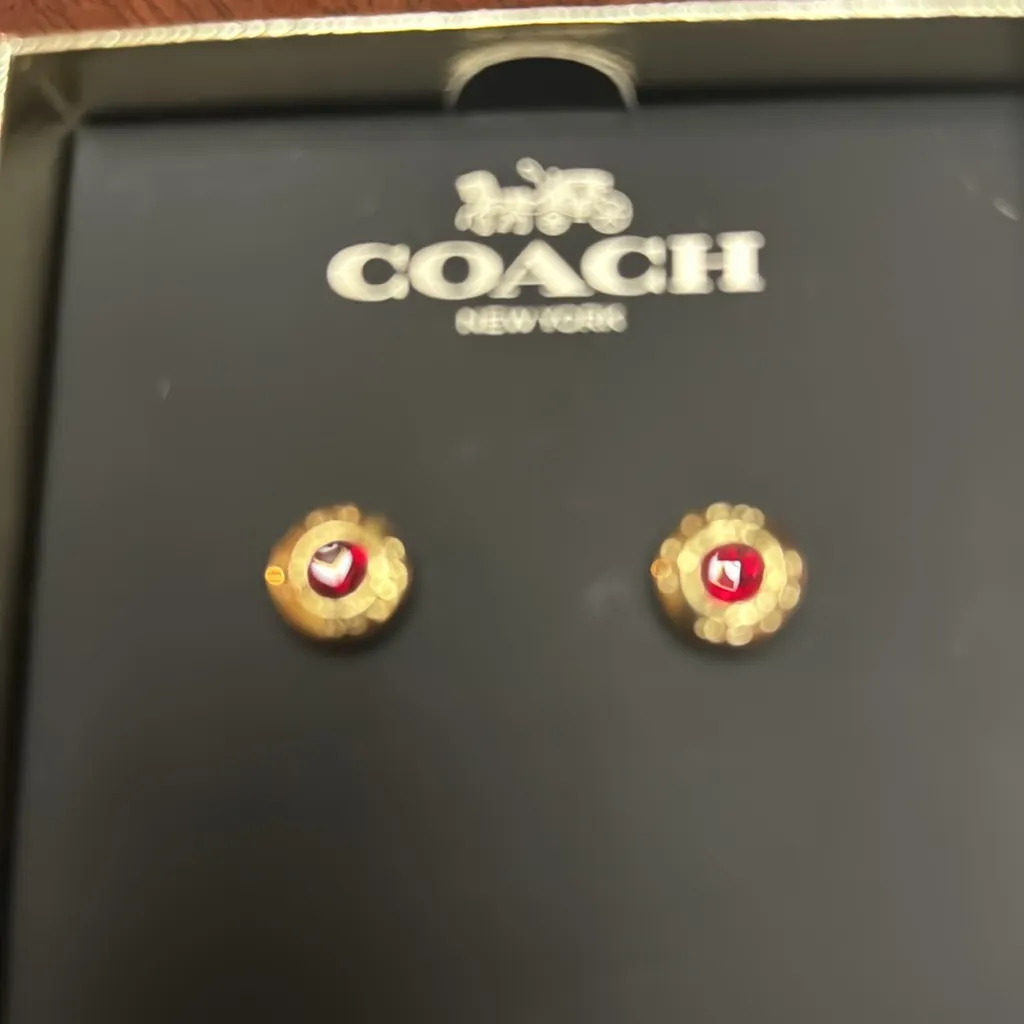 Coach Open circle Red Stone Gold Stud Pieced Earring In Logo w/ Gift Box - Image 5