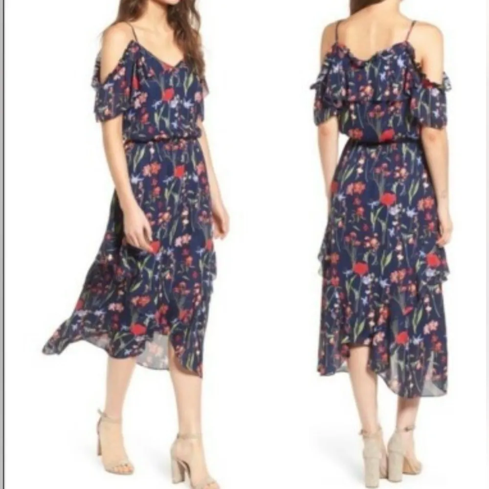 Parker dark blue background with floral print cold-shoulder ruffled sleeves M - Image 4