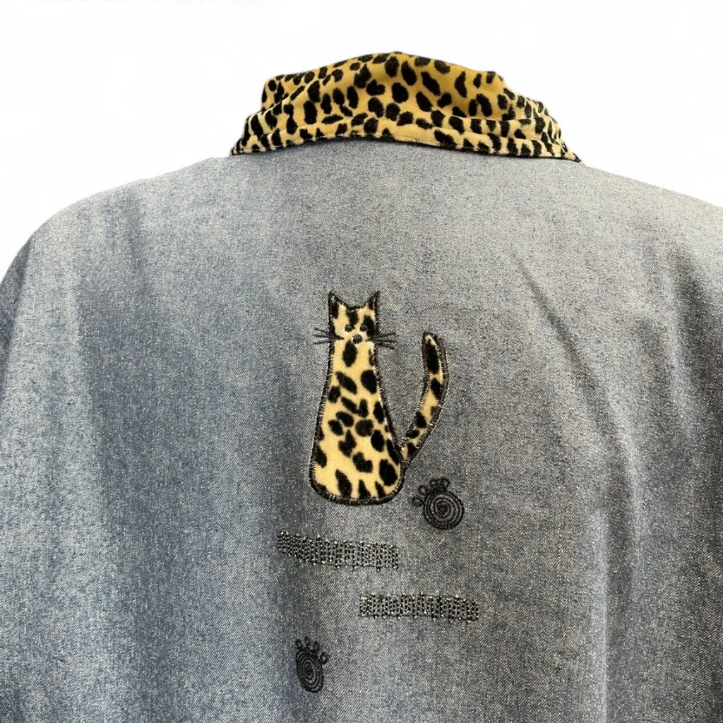 Vtg Great Cavalier by St. Paul Cat Embroidered Chore Silk Denim Jacket Size M Blue Size M - Image 6