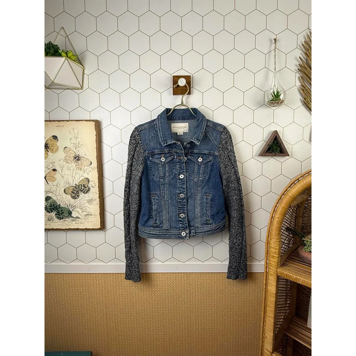 Pilcro and the Letterpress Cable Knit Sweater Sleeve Denim Jacket - Size - Small - Image 2