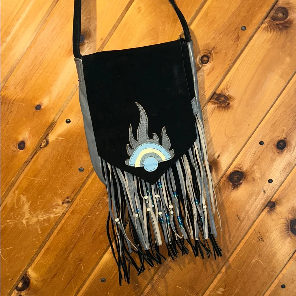 Handmade vintage beaded fringe leather suede black gray blue crossbody bag - Image 3