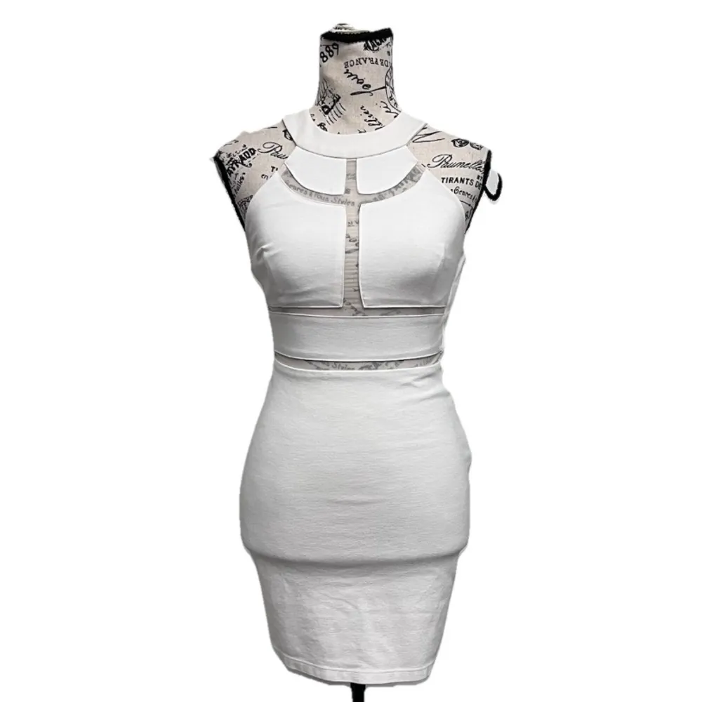 Vintage Y2K GUESS White Bodycon Mini Dress Mesh Cut-Out Sexy Party XS Holiday - Image 2