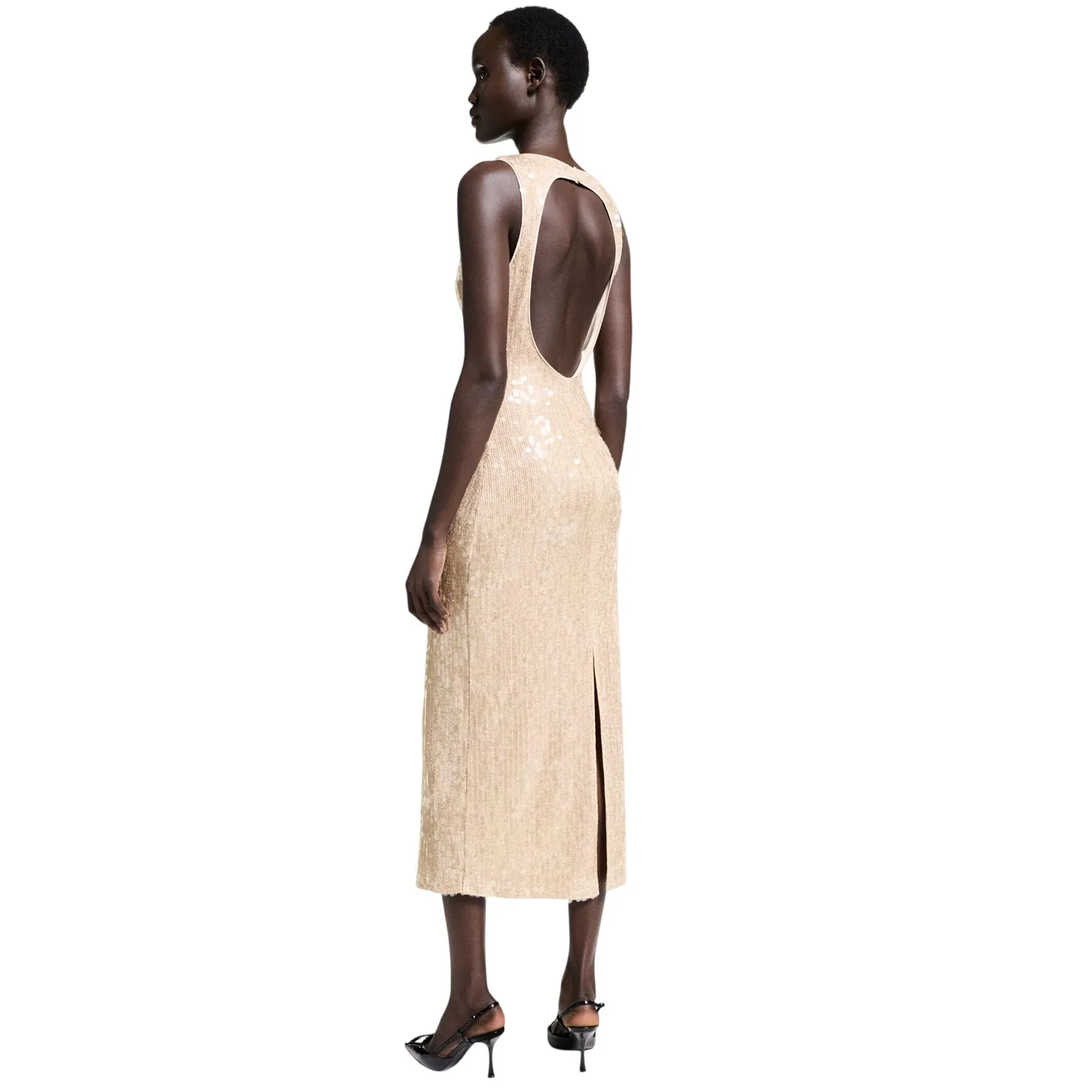 Mango Scoop Back Sequin Midi Dress Gold Size 8 - Image 2