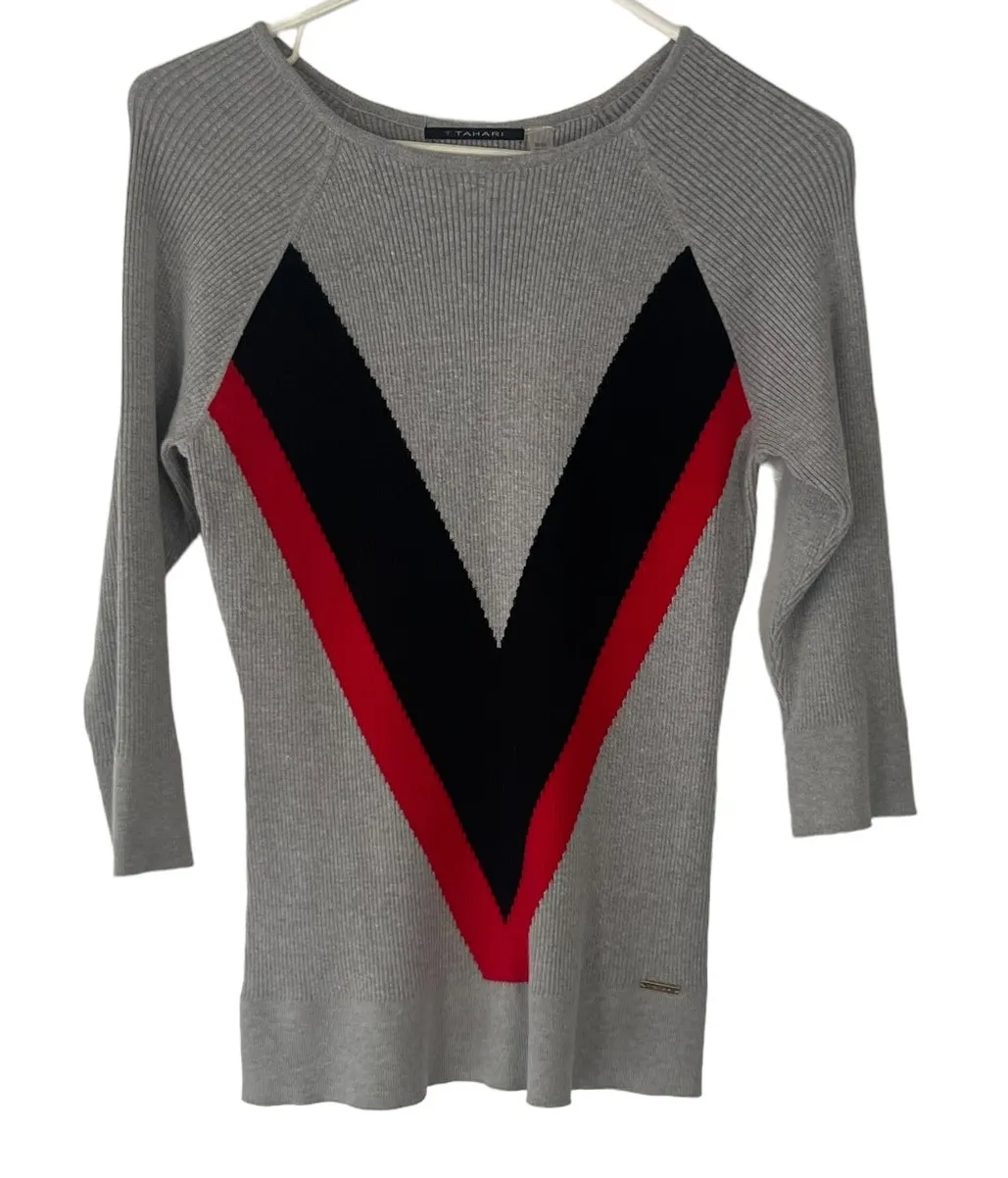 T Tahari Size Medium Grey Ribbed Soft Viscose V Long Sleeve Round Neck Sweater - Image 1