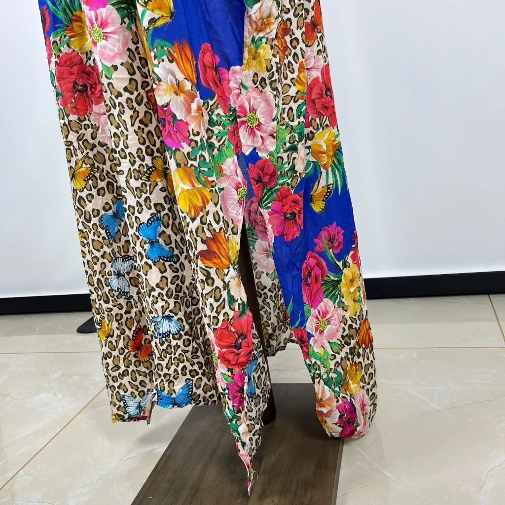 NWOT Johnny Was Bella Lace-Up Leopard Floral Kaftan Maxi Dress Multicolor S/M - Image 8