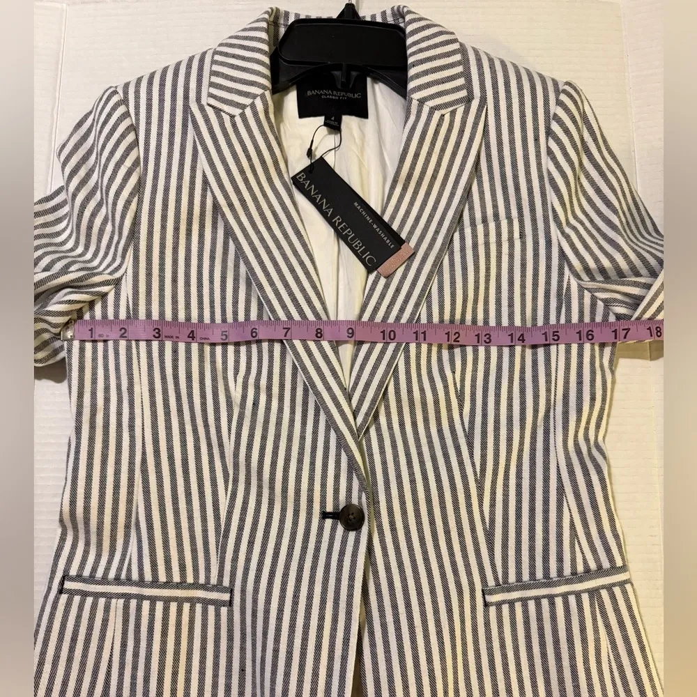 Banana Republic Women Navy White Pinstripe Classic Fit Linen Cotton Blazer NWT-4 - Image 9
