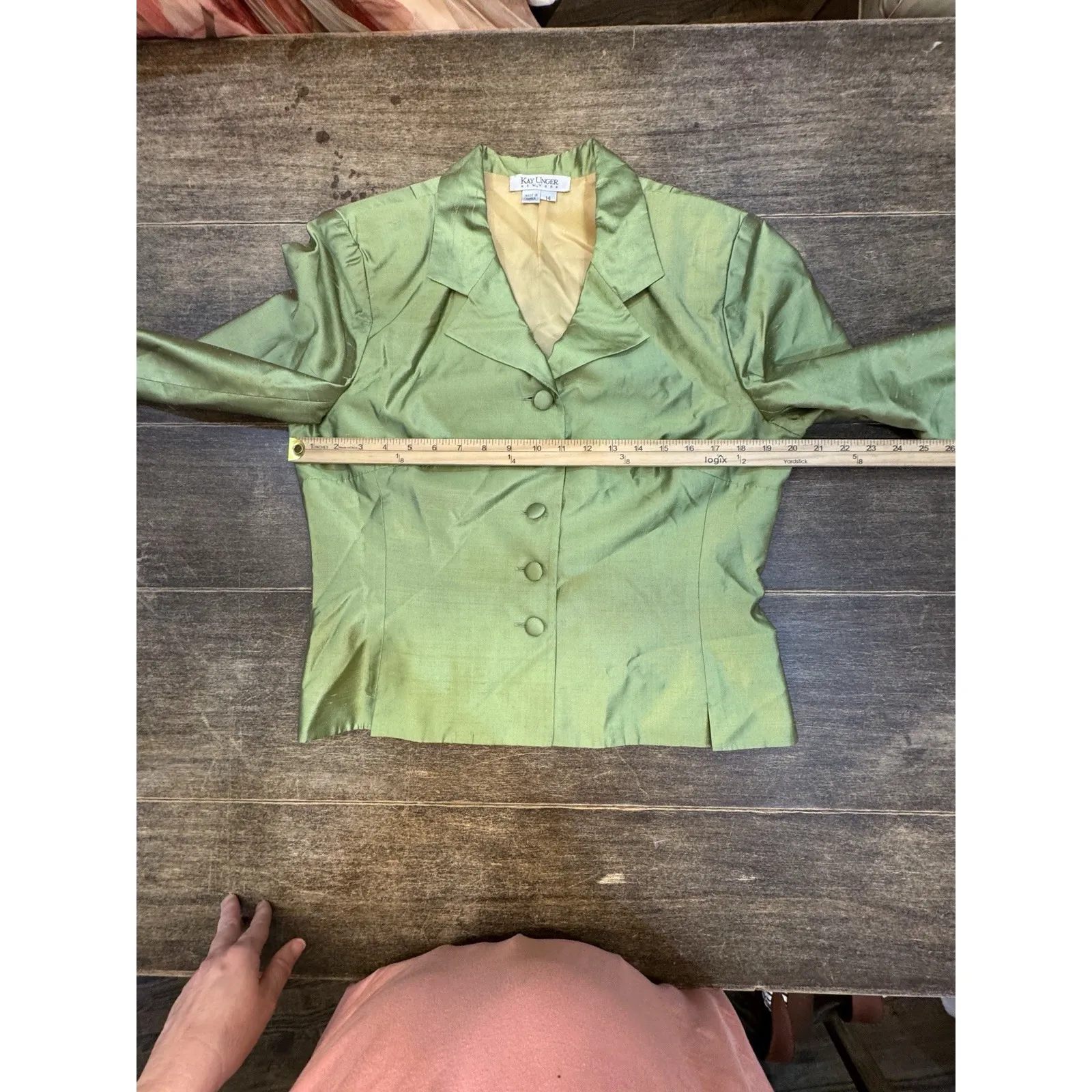 Kay Unger 100% Silk Green Satin Skirt Suit Set Y2K Dynasty Glam Sz 14 Wedding - Image 7