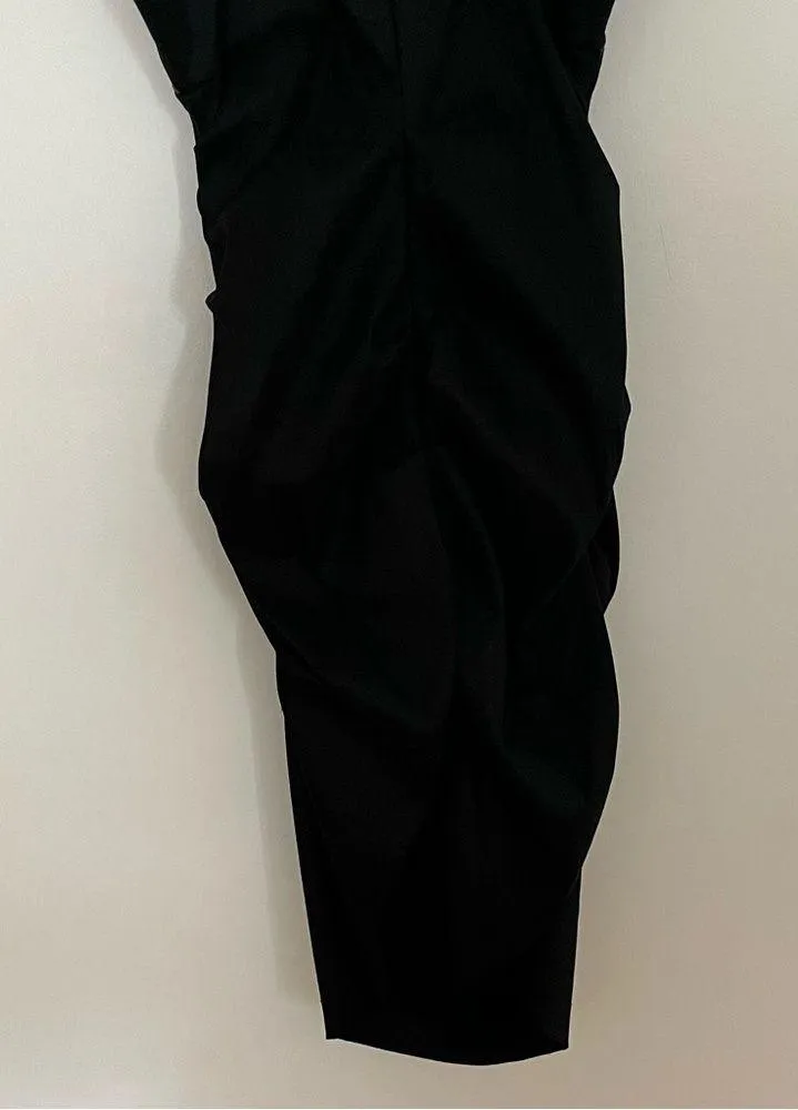 Betsy & Adam Black Knee Length Cocktail Dress Rouching and Zipper Flower Detail - Image 9