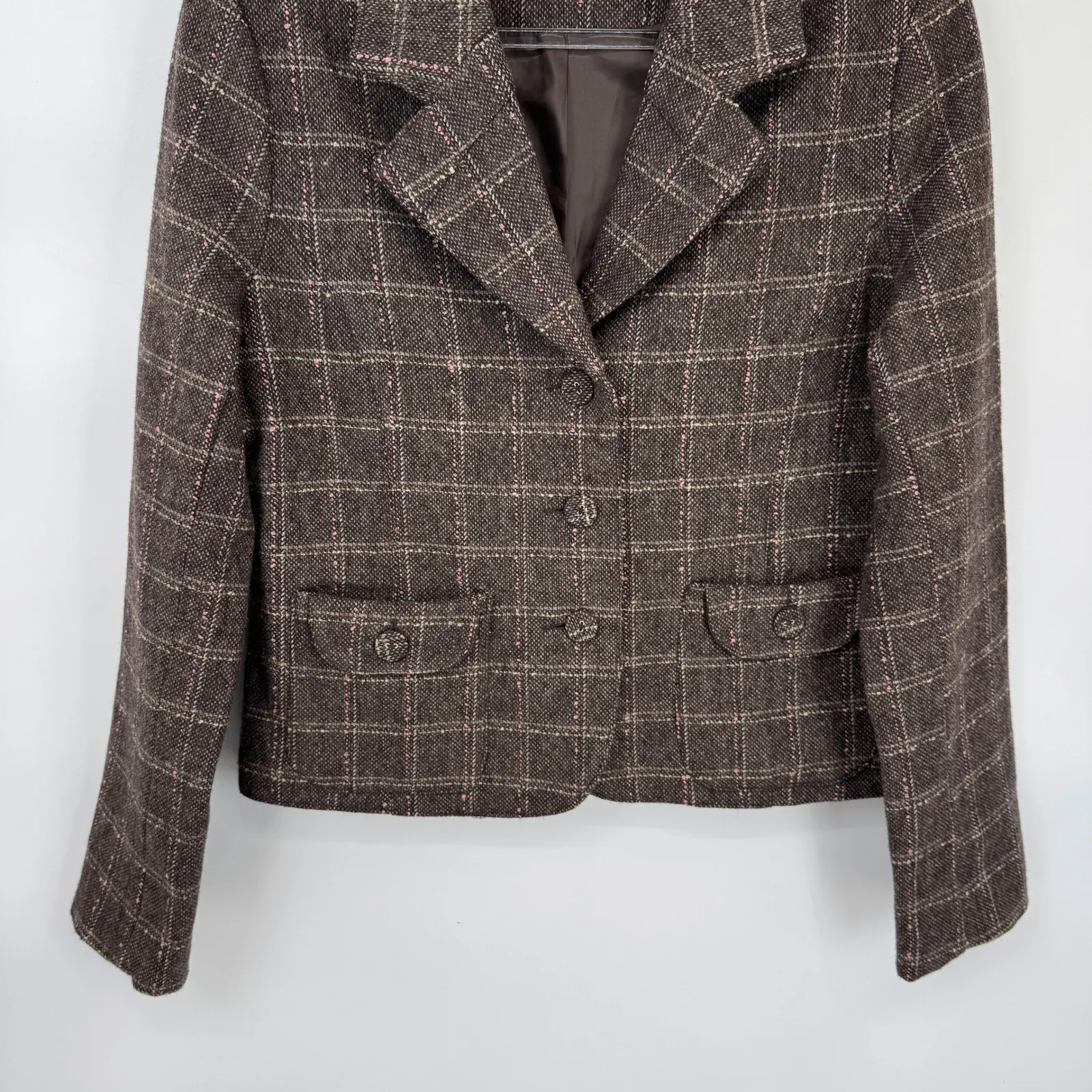 Vintage Y2K Maurices Tweed Preppy Jacket Womens M Brown Plaid Wool Blend Pockets - Image 3