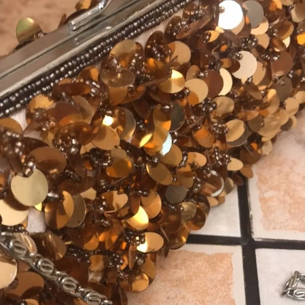 Vintage Y2K gold sequin beaded clutch cocktail purse evening bag with chain - Image 9