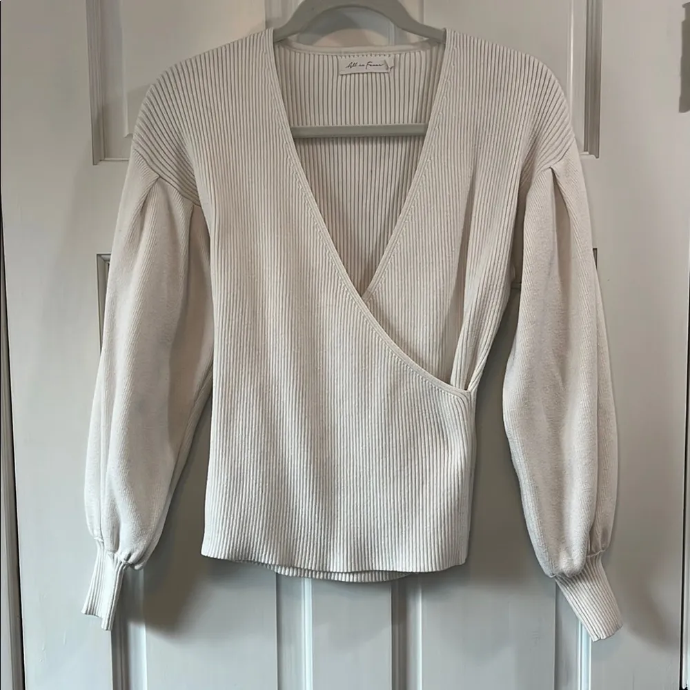 All in Favor White Ribbed Faux Wrap Sweater w/ Balloon Sleeves - Size Small - Image 2