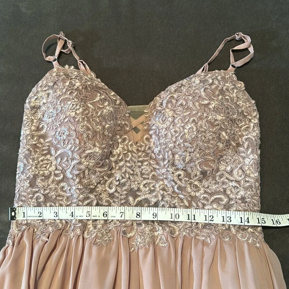 Women’s Pink Chiffon & Lace Appliqué Bridesmaid Dress Zip Up & Leg Slit Size 8 - Image 11