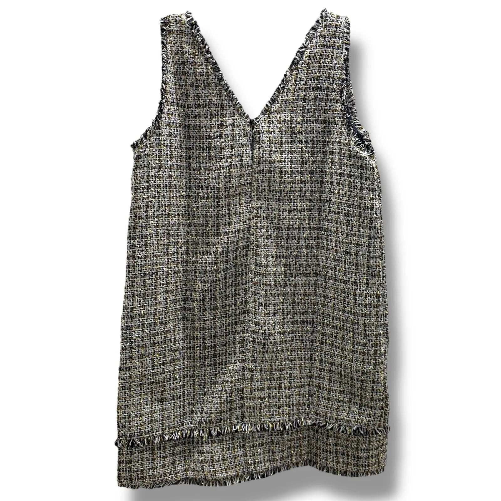 Loft Women's Metallic Fringe Tweed Double V‎ Mini Dress Navy Blue Gold White 12 - Image 5