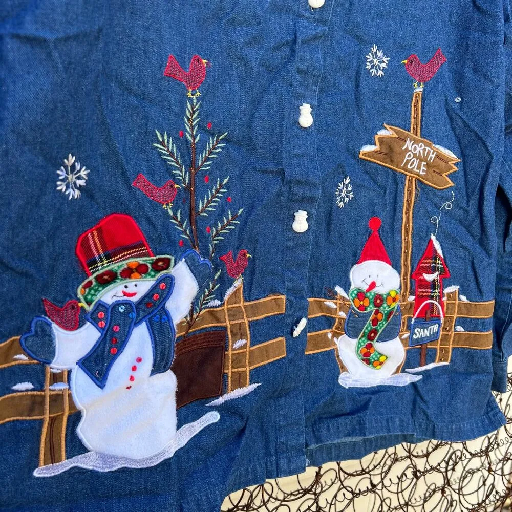 Vintage 90s Country Winter Christmas scene embroidered Jean denim shirt shacket Size 2X - Image 2