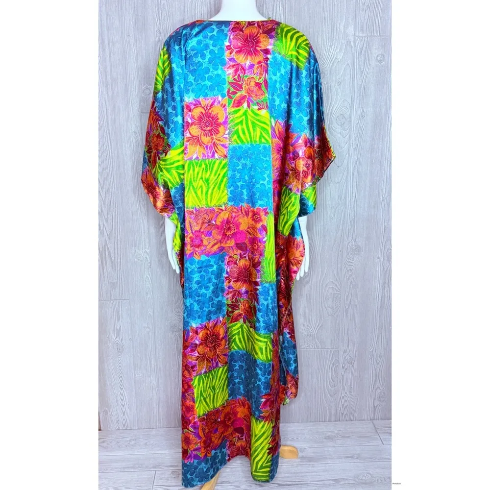 Vintage winlar kaftan tropical floral print beach cover maxi house dress OS Green Size undefined - Image 6