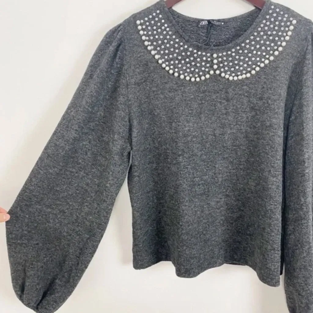 ZARA Sweater L Embellished Peter Pan Collar Pearl Rhinestone Crewneck Gray - Image 6