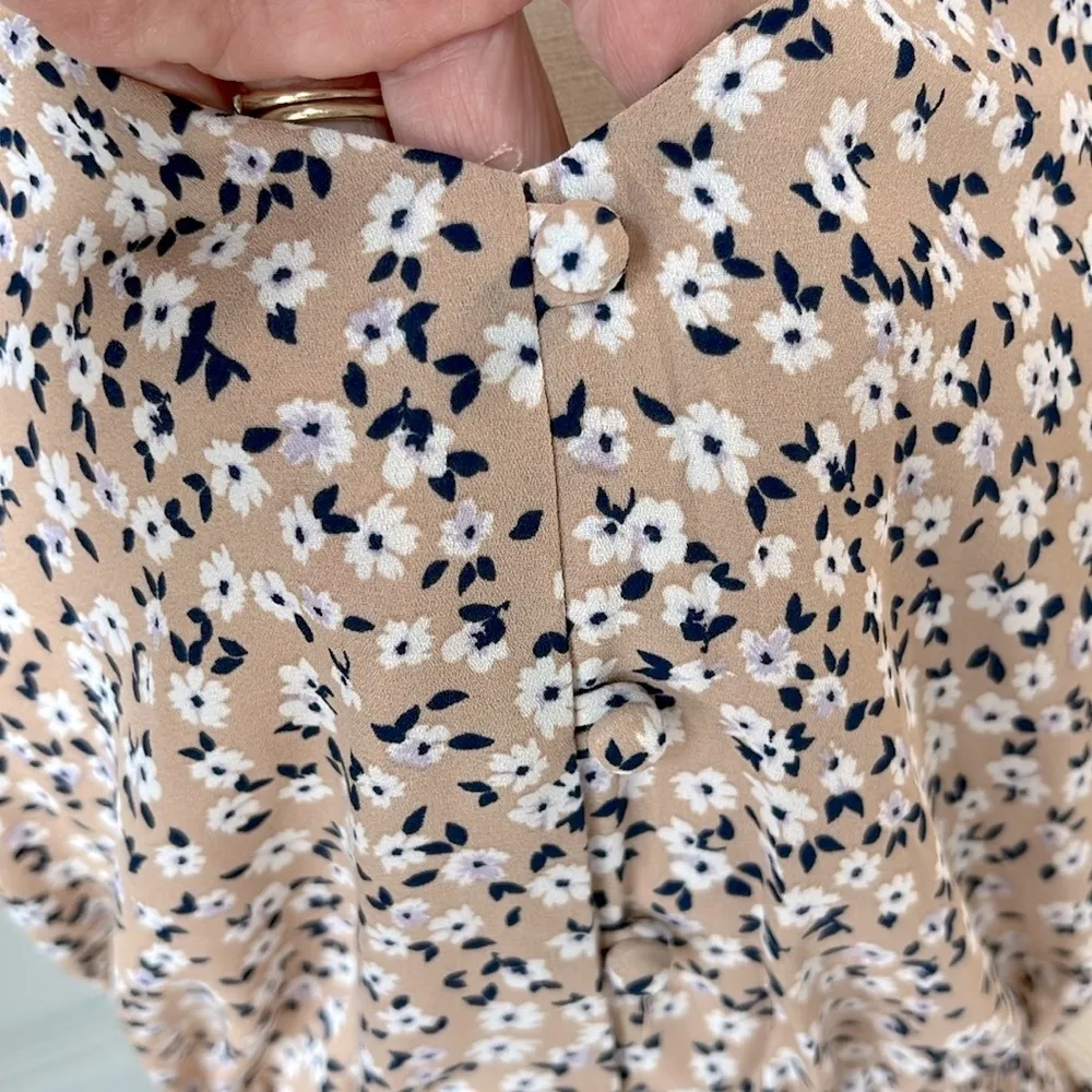 Floral Fit and Flare Tank Top Cinched Waist Tan Sienna Sky Womens Medium Silky - Image 5