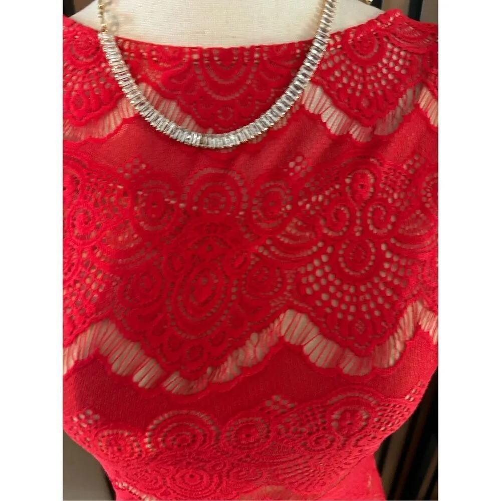 Bebe nudue red beige lace low back floral stretch bodycon top dress medium NWT - Image 2