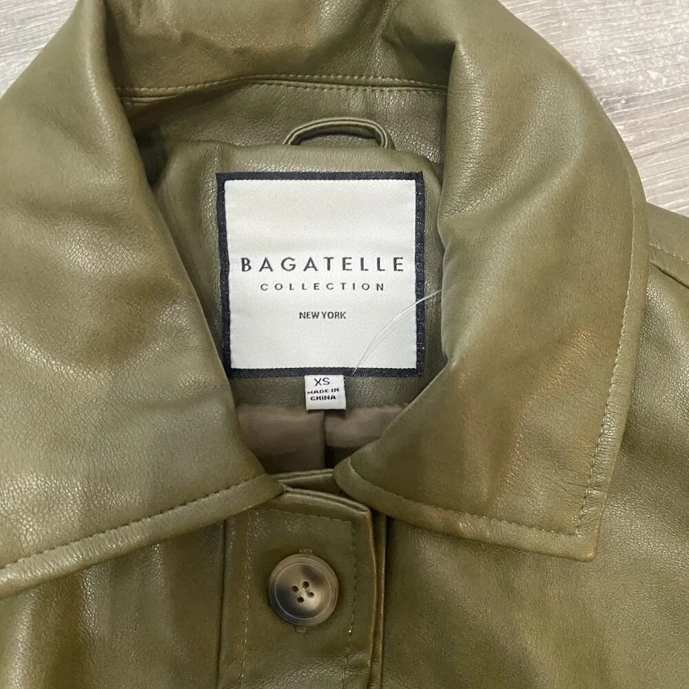 Bagatelle Womens Faux Leather tie Waist Collared Overcoat Olive Green XS - Image 2