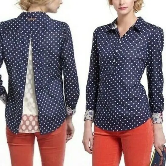 Anthro Birds of Paradis Trovata navy polka dot button down size xs - Image 2