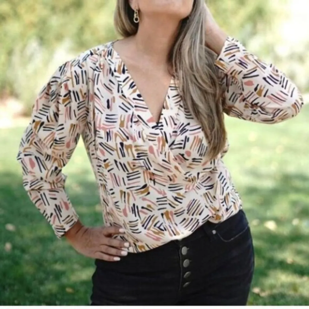 CAbi Abstract Print Wrap Blouse Medium Long Sleeve Work Top - Image 2