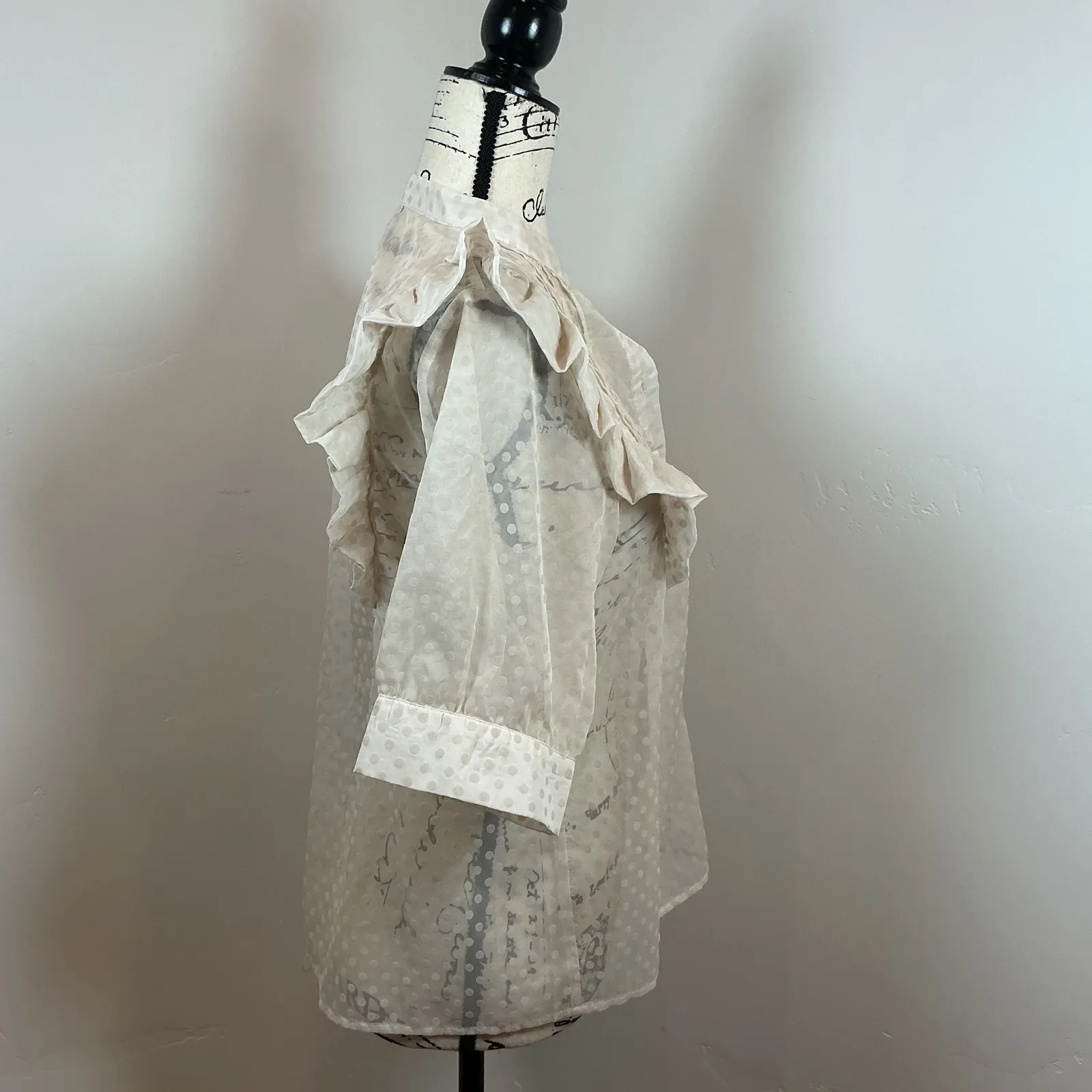 ICHI Cream Ruffle Sheer Dot Blouse Pintuck Front Script Print Romantic Boho Top Tan - Image 4