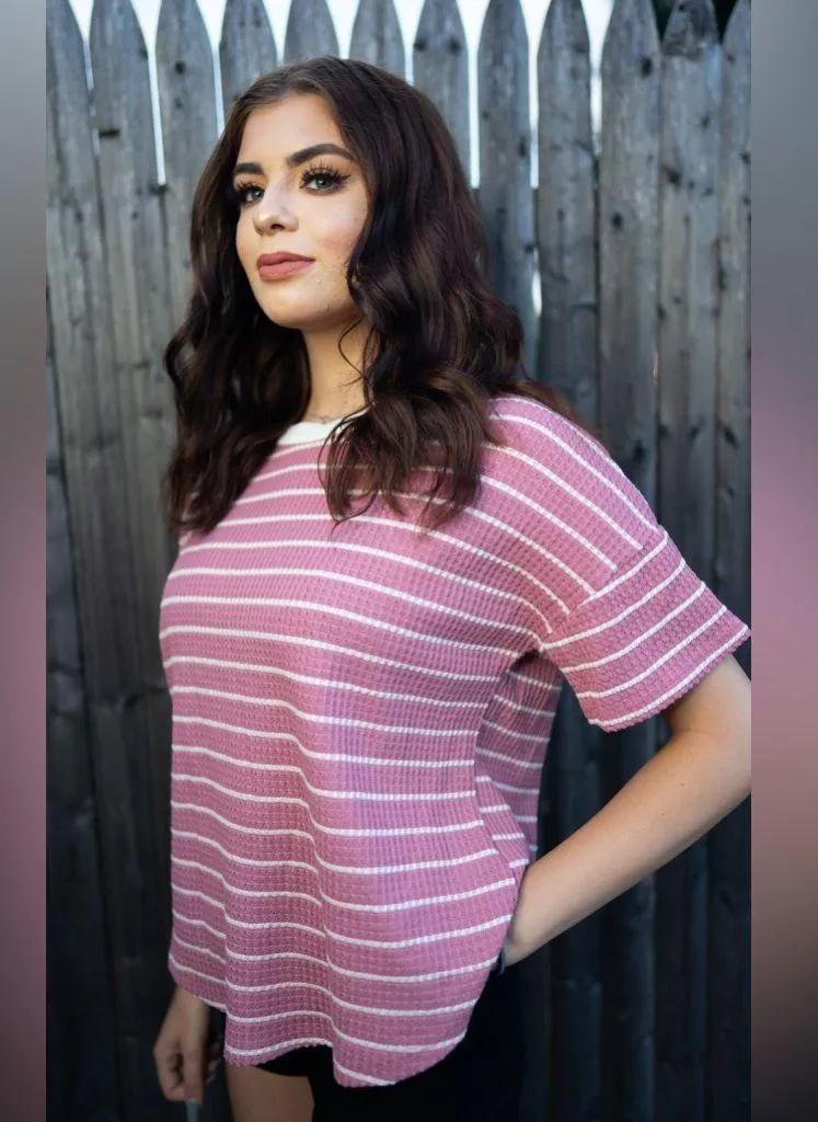 MTS Striped Short Sleeve Tee in Pink,White - Image 7