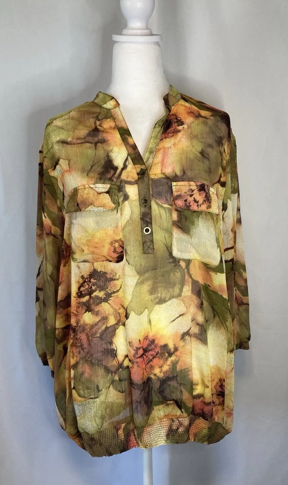 Susan Graver Blouse Top XL Gold Floral Sheer Button V-Neck Vanilla Bloom Office - Image 1